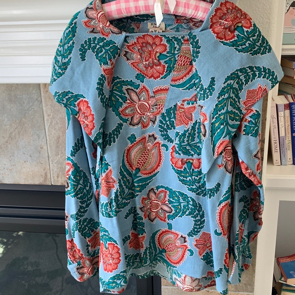 Kenzo Light Blue Floral Button-Up with Coral & Teal Blooms